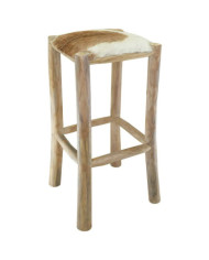 Tabouret de bar Cuir véritable et bois de teck solide | Mobilier & Déco
