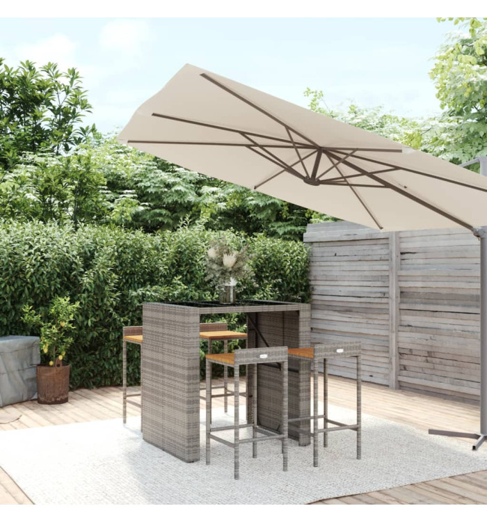 Ensemble de bar jardin 5 pcs gris poly rotin/bois massif acacia | Mobilier & Déco