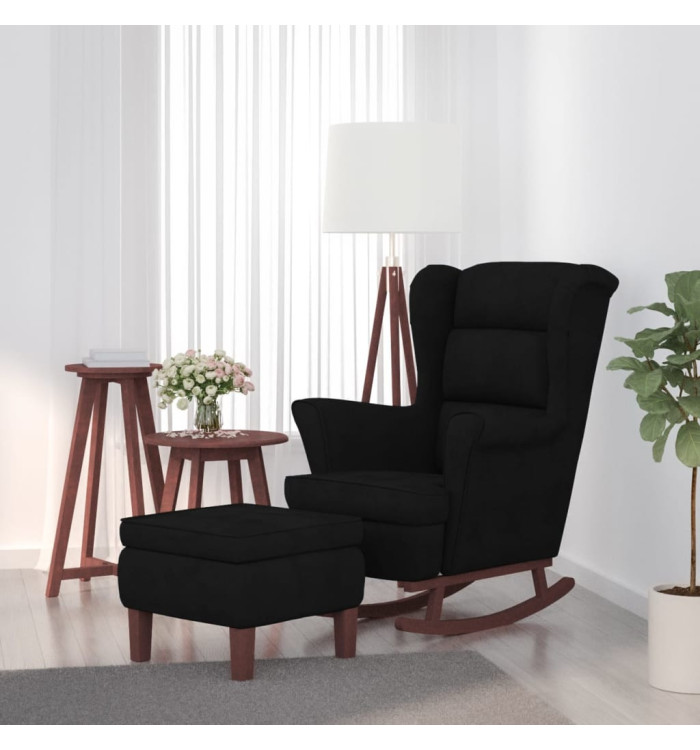 Chaise à bascule avec pieds en bois et tabouret Noir Velours | Mobilier & Déco