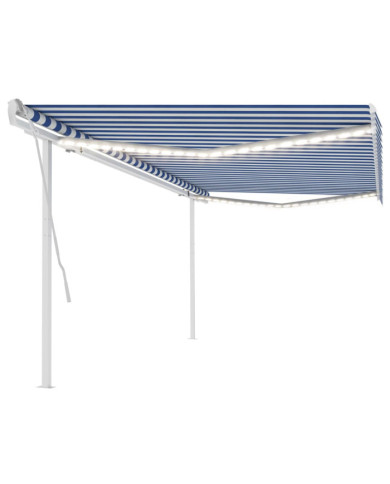 Auvent manuel rétractable avec LED 5x3,5 m Bleu et blanc | Mobilier & Déco