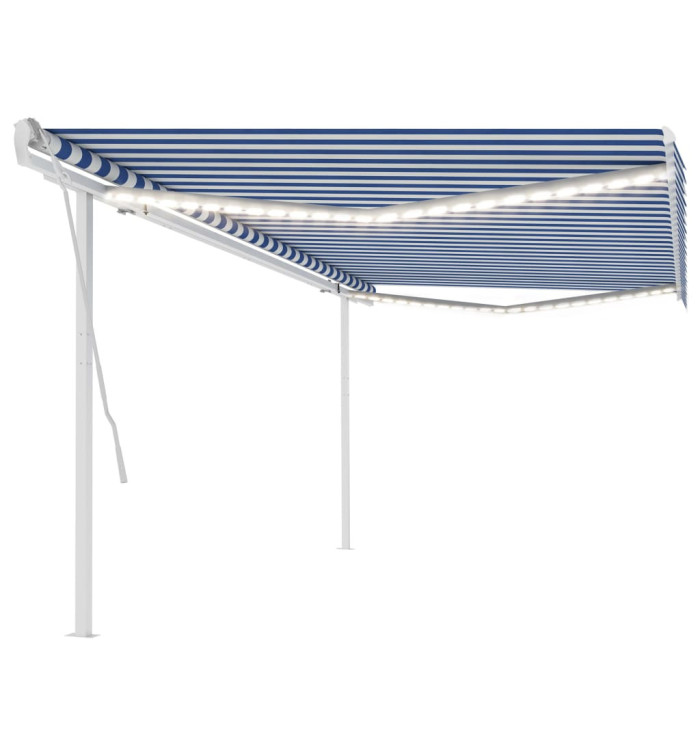 Auvent manuel rétractable avec LED 5x3,5 m Bleu et blanc | Mobilier & Déco