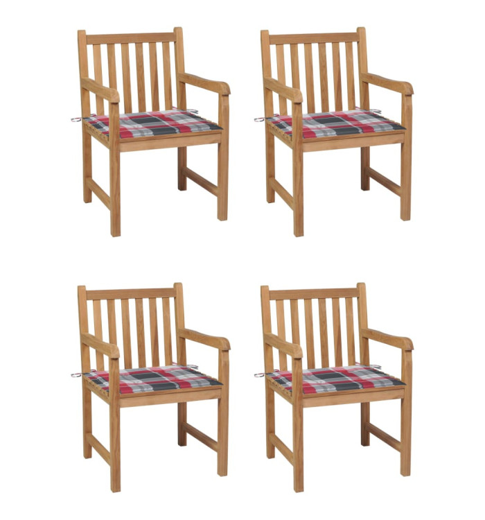 Chaises de jardin lot de 4 et coussins à carreaux rouge Teck | Mobilier & Déco