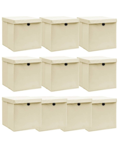 Boîtes de rangement à couvercles 10 pcs Crème 32x32x32 cm Tissu | Mobilier & Déco