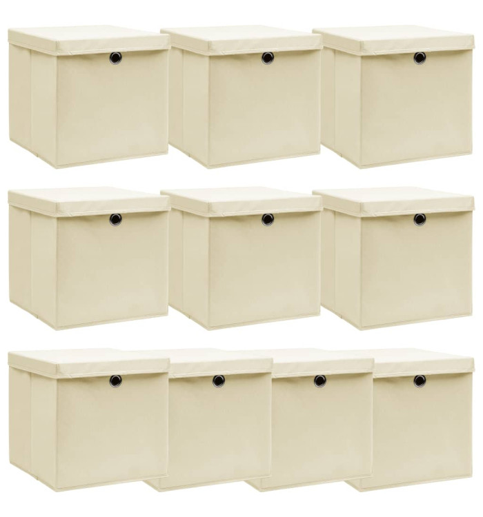 Boîtes de rangement à couvercles 10 pcs Crème 32x32x32 cm Tissu | Mobilier & Déco