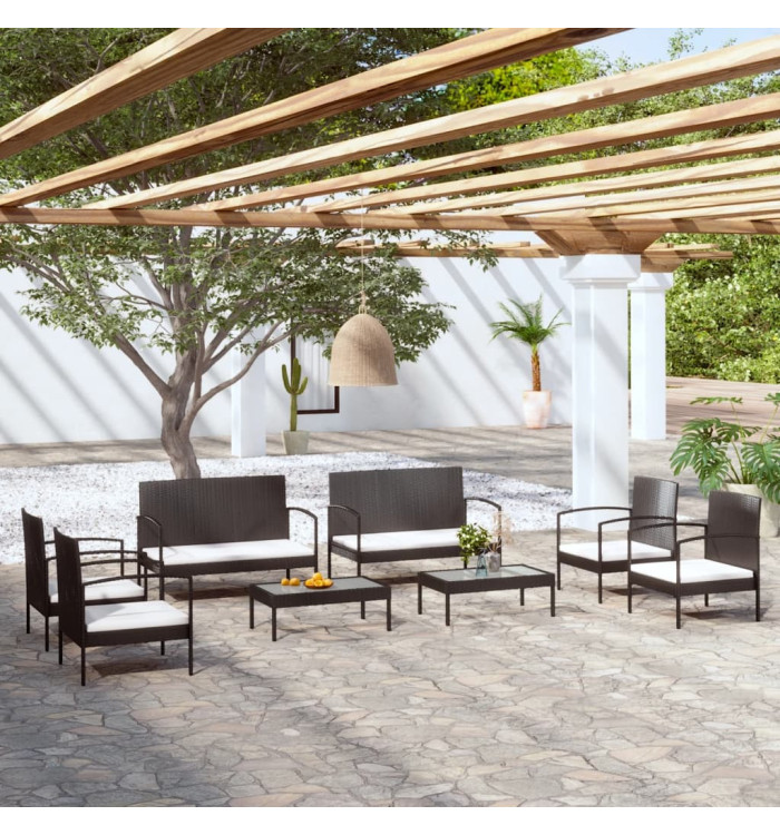 Salon de jardin 8 pcs avec coussins résine tressée noir | Mobilier & Déco