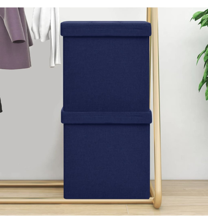 Tabourets de rangement pliables lot de 2 bleu faux lin | Mobilier & Déco