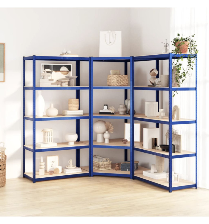 Étagères à 5 niveaux 3 pcs Bleu Acier et bois d'ingénierie | Mobilier & Déco