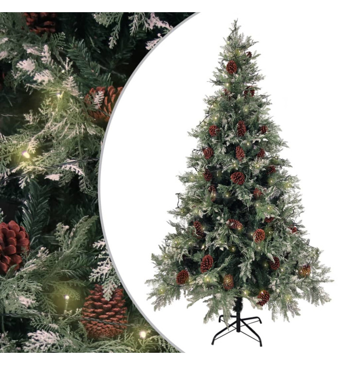 Sapin de Noël pré-éclairé pommes de pin vert blanc 195cm PVC PE | Mobilier & Déco