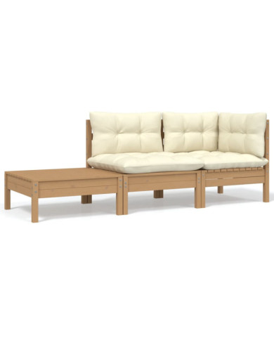 Salon de jardin 3 pcs avec coussins crème bois de pin massif | Mobilier & Déco
