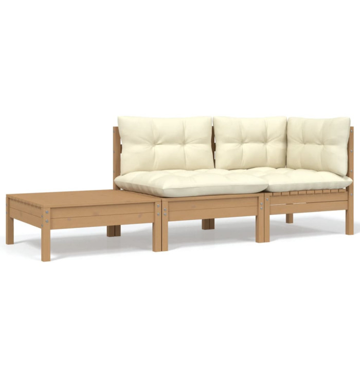 Salon de jardin 3 pcs avec coussins crème bois de pin massif | Mobilier & Déco