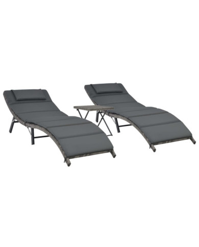 Salon de jardin pliable 3 pcs Résine tressée Gris | Mobilier & Déco