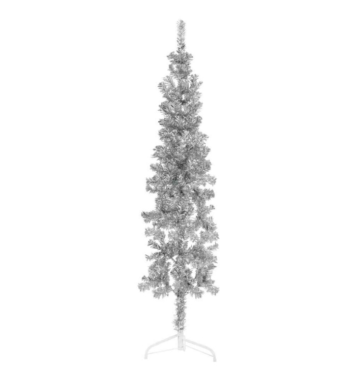 Demi sapin de Noël artificiel mince avec support Argenté 180 cm | Mobilier & Déco