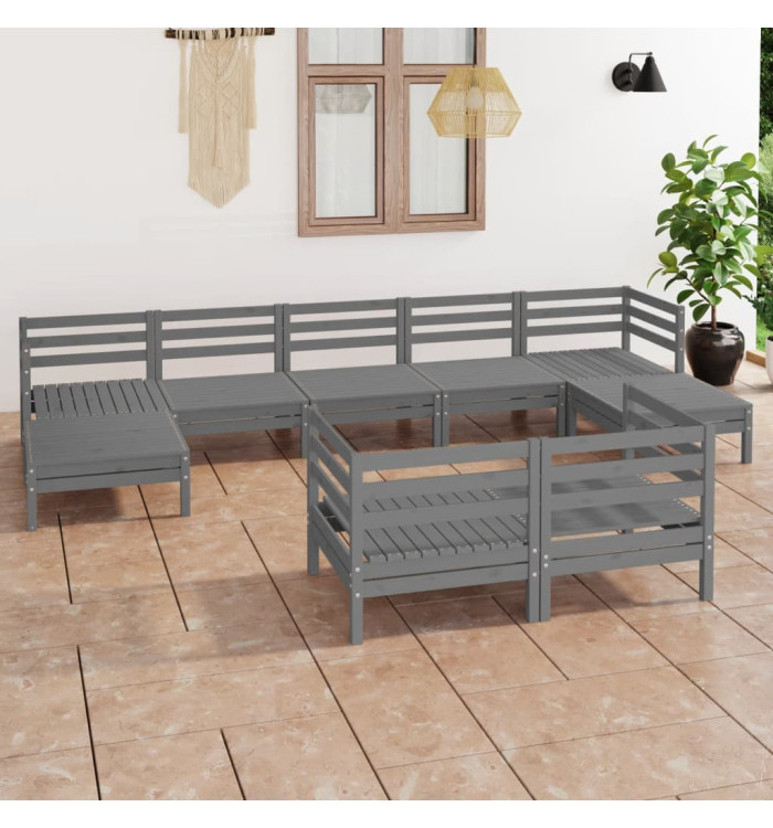 Salon de jardin 9 pcs Gris Bois de pin massif | Mobilier & Déco