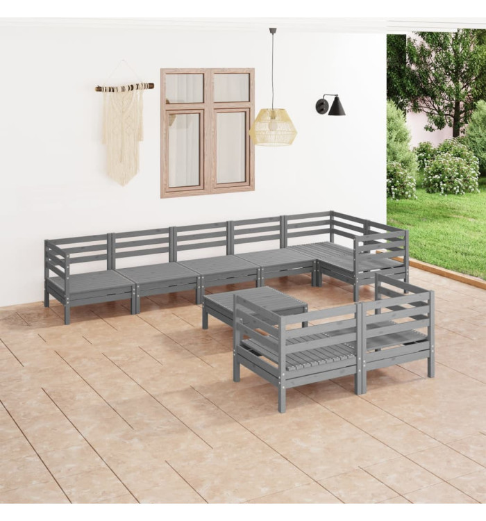 Salon de jardin 9 pcs Bois de pin massif Gris | Mobilier & Déco