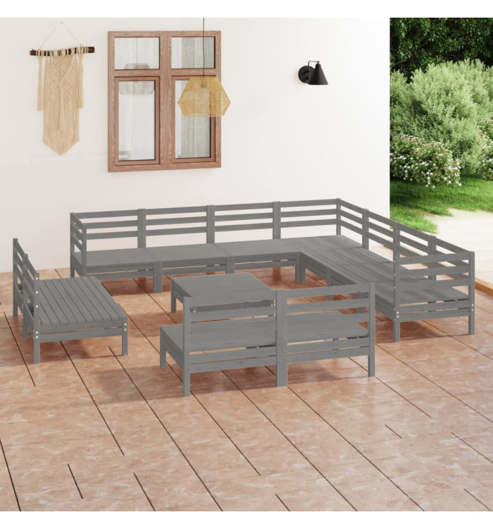 Salon de jardin 12 pcs Bois de pin massif Gris | Mobilier & Déco