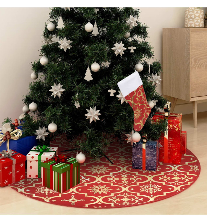 Jupe de sapin de Noël de luxe avec chaussette Rouge 122cm Tissu | Mobilier & Déco