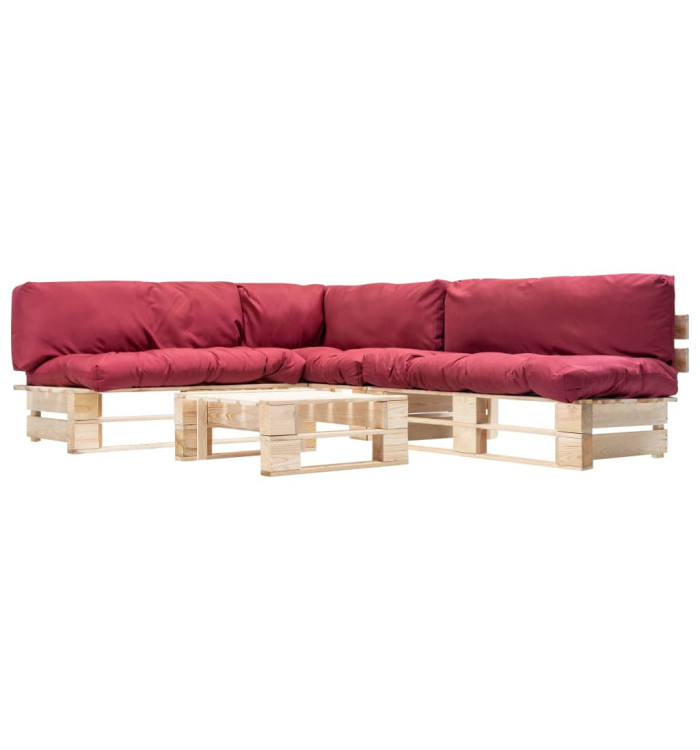 Salon de jardin palette 4 pcs avec coussins rouge bois | Mobilier & Déco