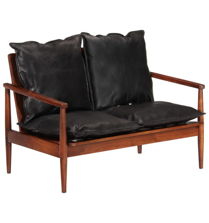 Canapé 2 places noir cuir véritable et bois d'acacia solide | Mobilier & Déco