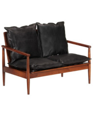 Canapé 2 places noir cuir véritable et bois d'acacia solide | Mobilier & Déco