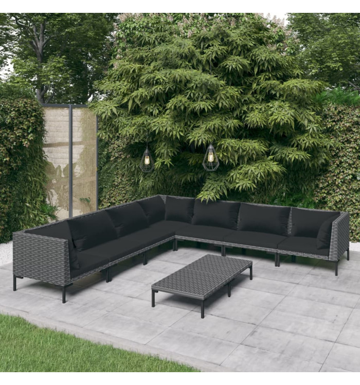 Salon de jardin 8 pcs avec coussins Résine tressée Gris foncé | Mobilier & Déco