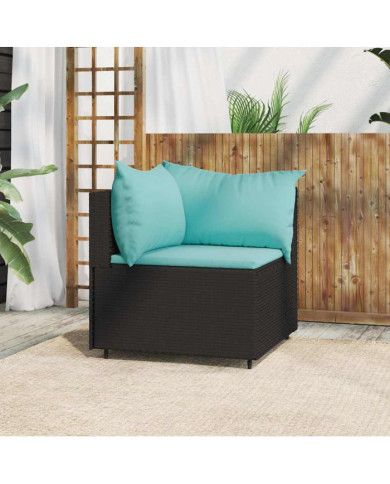 Canapé d'angle de jardin avec coussins Noir Résine tressée | Mobilier & Déco