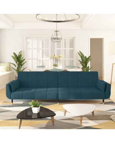 Canapé-lit à 2 places avec deux oreillers Bleu Velours | Mobilier & Déco