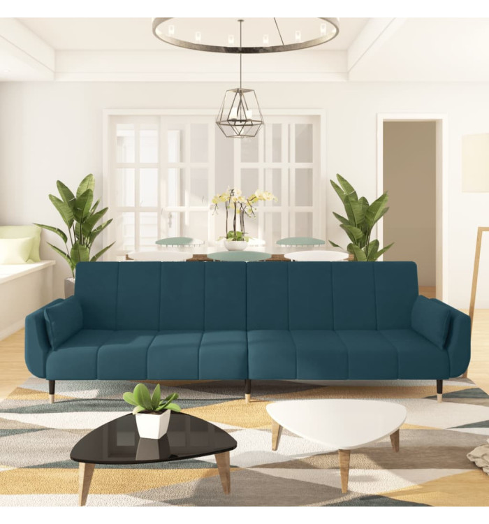 Canapé-lit à 2 places avec deux oreillers Bleu Velours | Mobilier & Déco