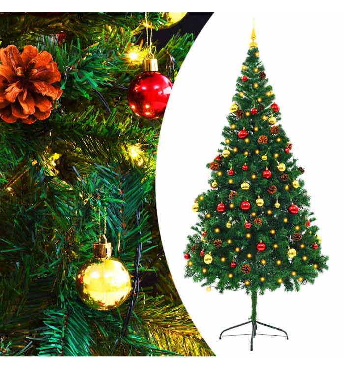 Arbre de Noël artificiel pré-éclairé avec boules vert 210 cm | Mobilier & Déco