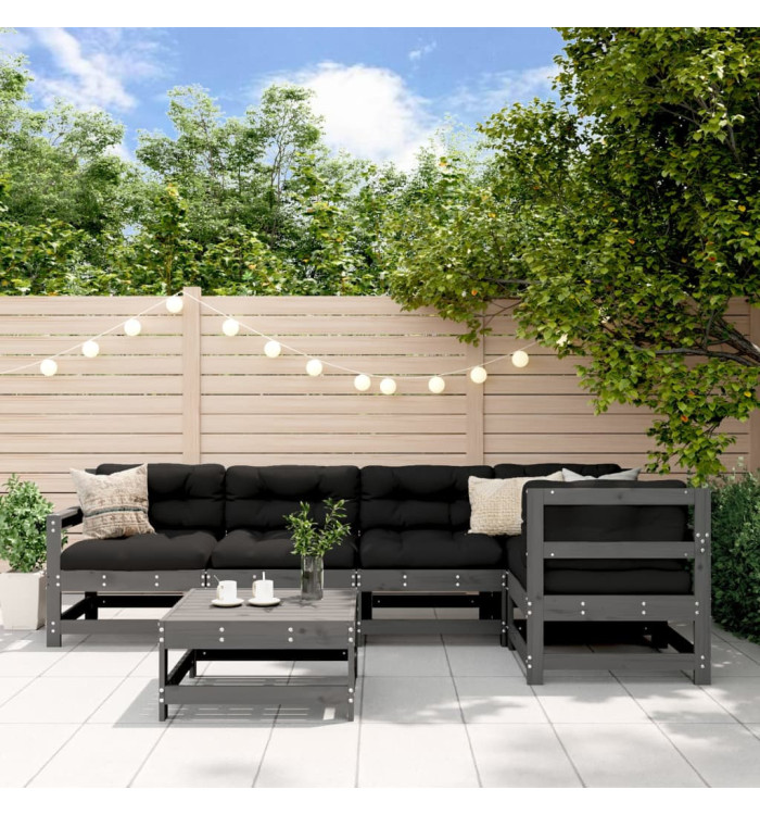 Salon de jardin 6 pcs avec coussins gris bois massif | Mobilier & Déco