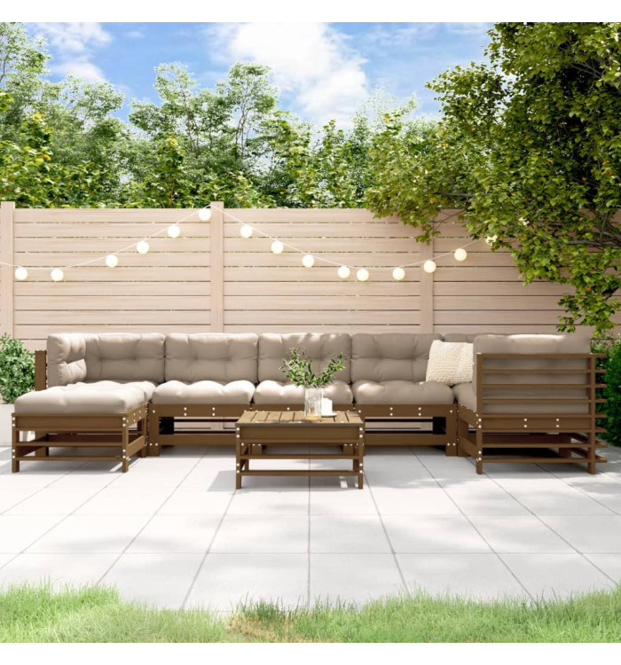 Salon de jardin 8 pcs avec coussins marron miel bois massif | Mobilier & Déco