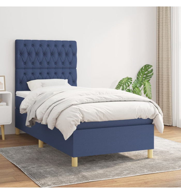 Sommier à lattes de lit avec matelas Bleu 100x200 cm Tissu | Mobilier & Déco