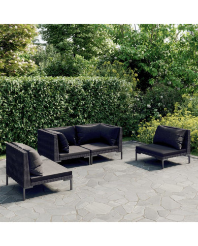 Salon de jardin 4 pcs avec coussins Résine tressée Gris foncé | Mobilier & Déco