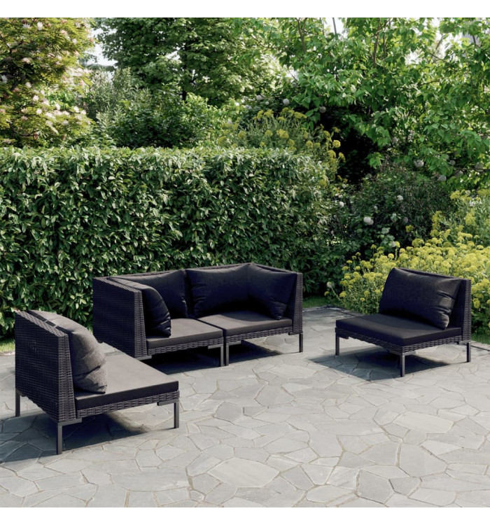 Salon de jardin 4 pcs avec coussins Résine tressée Gris foncé | Mobilier & Déco