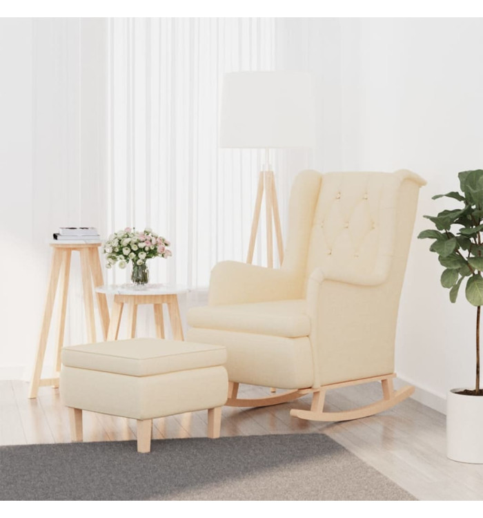 Fauteuil avec pieds à bascule et tabouret Crème Tissu | Mobilier & Déco