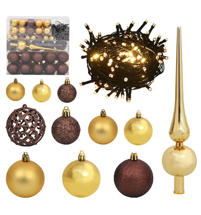 Set de boules de Noël avec pic et 300 LED 120pcs Doré et bronze | Mobilier & Déco