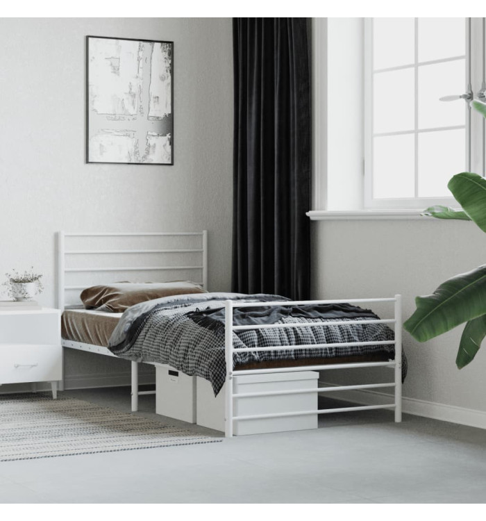Cadre de lit métal sans matelas avec pied de lit blanc 75x190cm | Mobilier & Déco