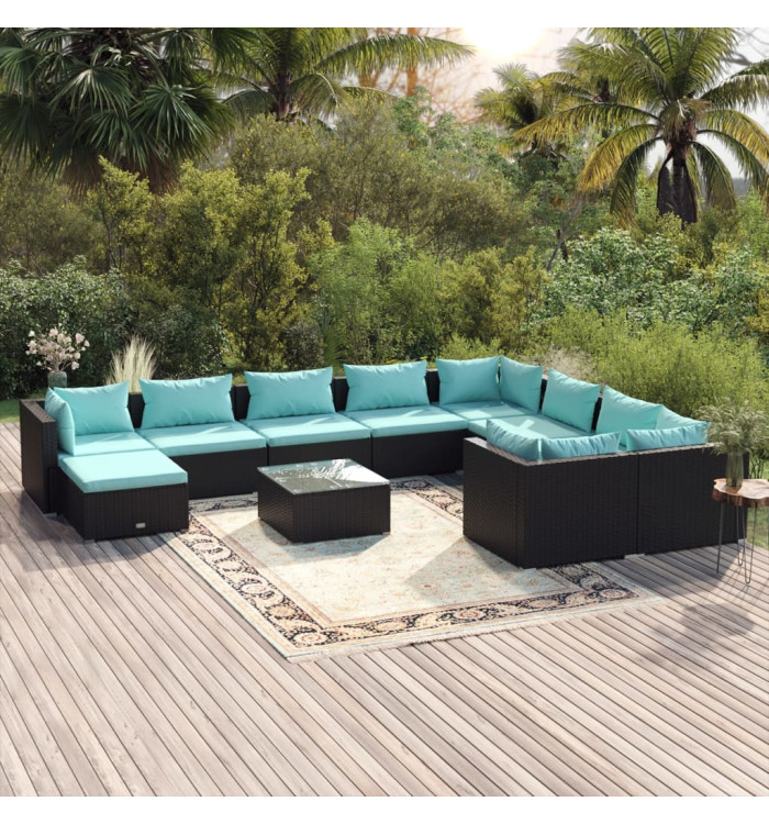 Salon de jardin 11 pcs avec coussins Résine tressée Noir | Mobilier & Déco
