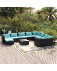 Salon de jardin 11 pcs avec coussins Résine tressée Noir | Mobilier & Déco