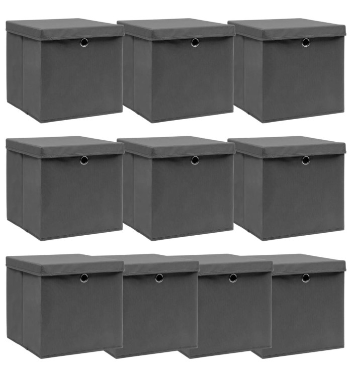 Boîtes de rangement avec couvercle 10 pcs Gris 32x32x32cm Tissu | Mobilier & Déco