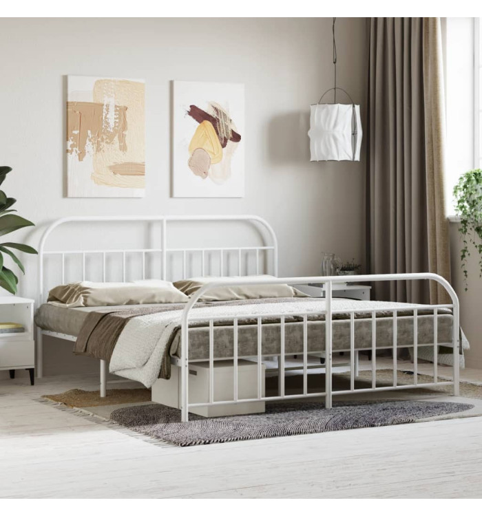 Cadre de lit métal sans matelas et pied de lit blanc 160x200 cm | Mobilier & Déco