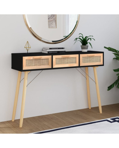 Table console Noir 105x30x75 cm Bois massif pin /rotin naturel | Mobilier & Déco