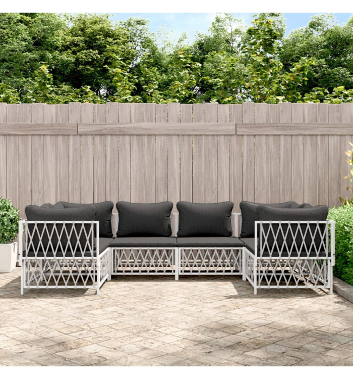Salon de jardin avec coussins 6 pcs blanc acier | Mobilier & Déco