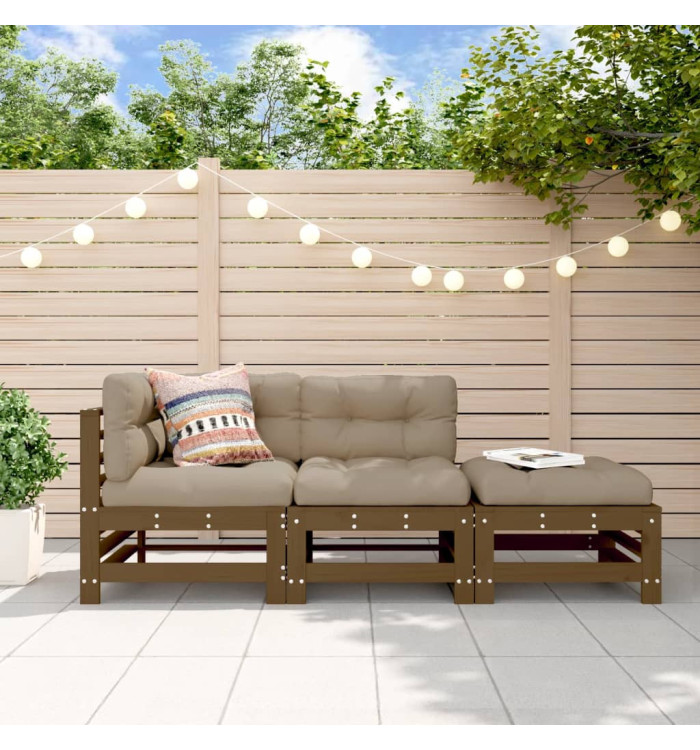 Salon de jardin 3 pcs avec coussins marron miel bois massif | Mobilier & Déco