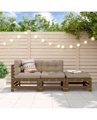Salon de jardin 3 pcs avec coussins marron miel bois massif | Mobilier & Déco