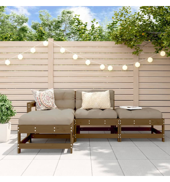 Salon de jardin 4 pcs avec coussins marron miel bois massif | Mobilier & Déco