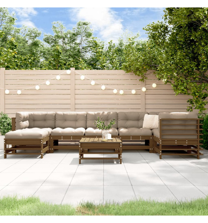Salon de jardin 8 pcs avec coussins marron miel bois massif | Mobilier & Déco