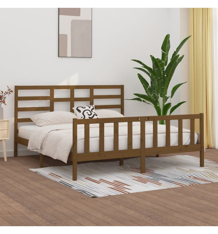 Cadre de lit sans matelas marron miel 200x200cm bois pin massif | Mobilier & Déco