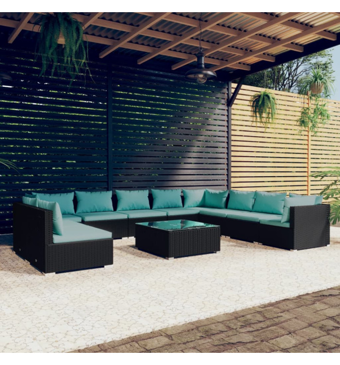 Salon de jardin 11 pcs avec coussins noir résine tressée | Mobilier & Déco