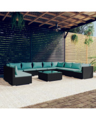Salon de jardin 11 pcs avec coussins noir résine tressée | Mobilier & Déco