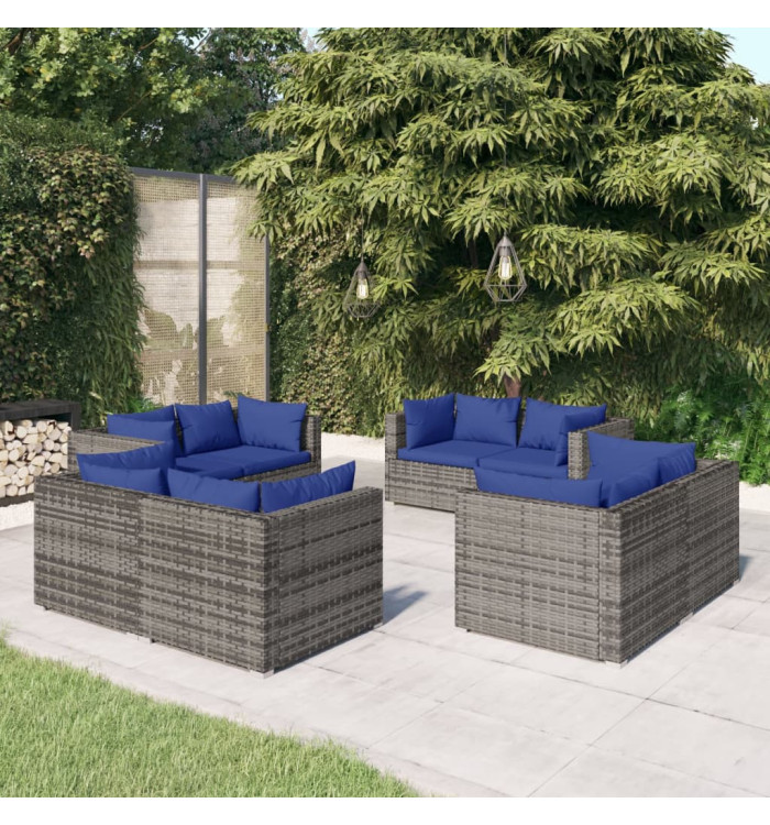 Salon de jardin 8 pcs avec coussins résine tressée gris | Mobilier & Déco